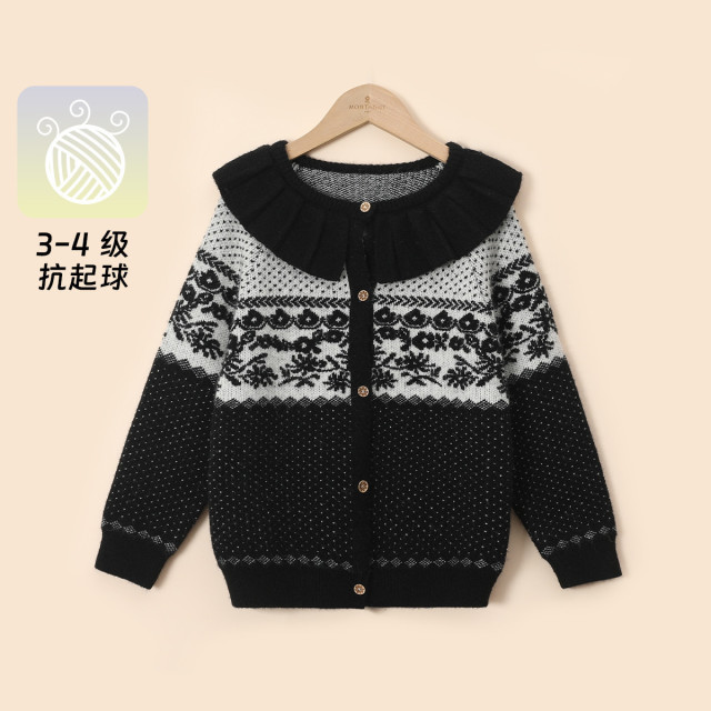 13112560.【费尔岛甜美开衫】女童针织毛衣外套冬季新款加厚保暖荷叶领上衣