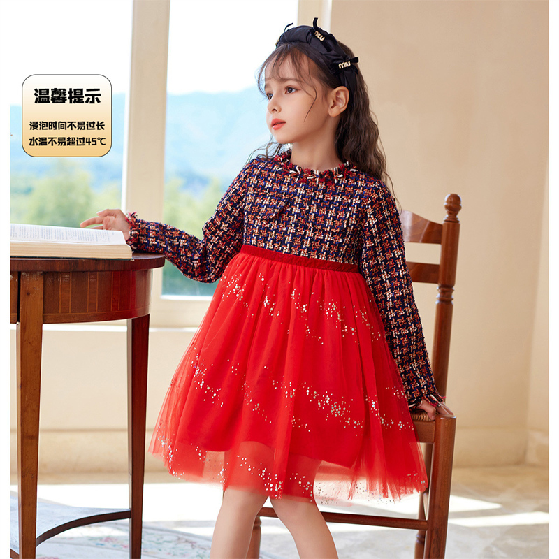 13112561.【新年战袍】女童粗花呢拼接亮片纱裙儿童派对生日礼服过年连衣裙