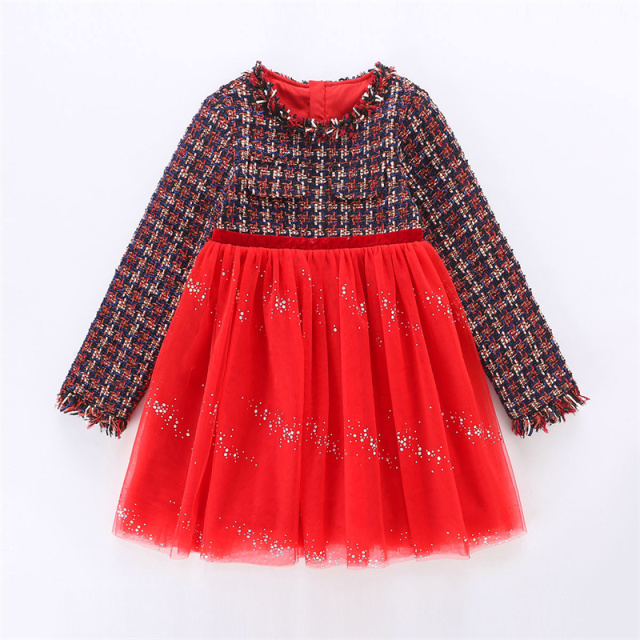13112561.【新年战袍】女童粗花呢拼接亮片纱裙儿童派对生日礼服过年连衣裙