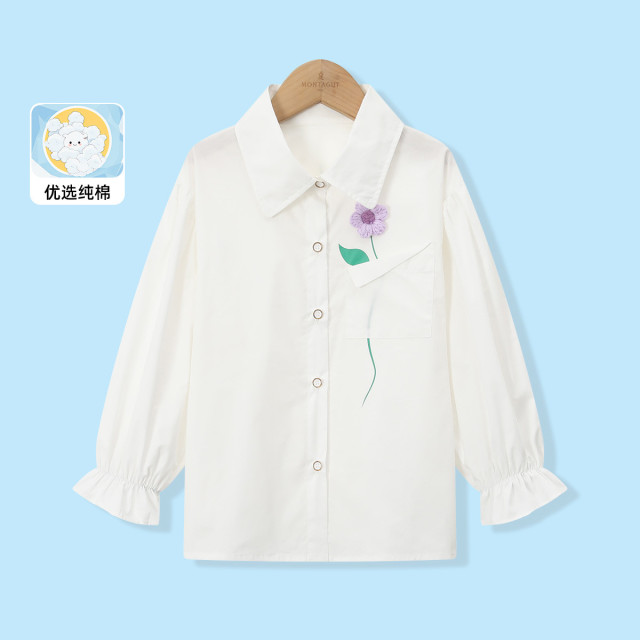 13112559.【立体花朵纯棉长袖衬衫】女童2026春季翻领大童白色衬衣