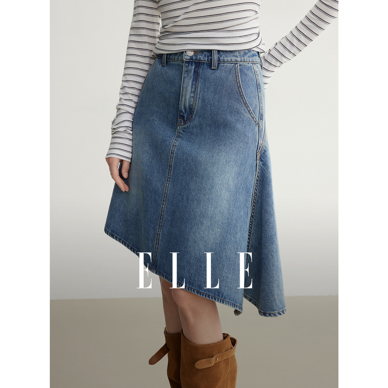 13116414.ELLE中腰牛仔鱼尾裙摩登休闲下摆两侧吊角设计半裙