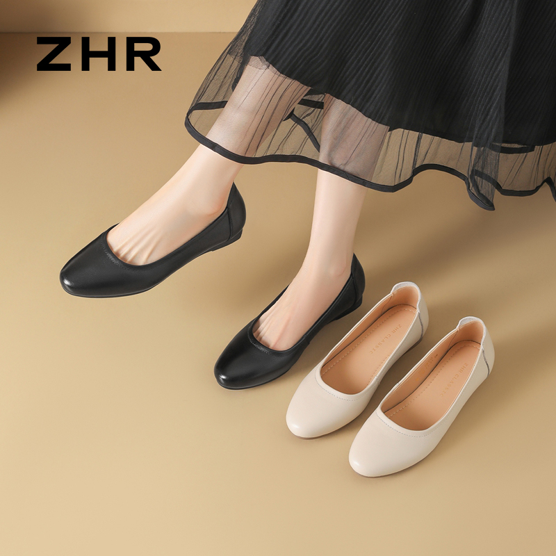 13680193.【ZHR则则】妈妈单鞋圆头浅口套脚粗跟女鞋[头层牛皮]