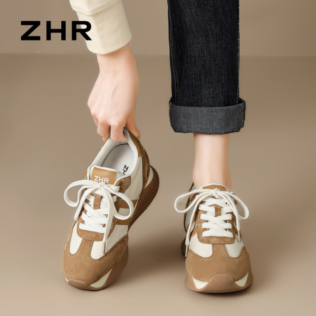 13122632.【ZHR则则】内增高阿甘鞋圆头系带厚底女鞋[斜纹布+头层猪皮+PU]