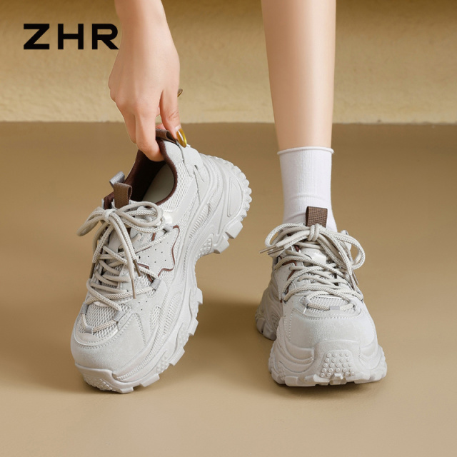 13123152.【ZHR则则】老爹鞋圆头系带厚底女鞋[PU+网布]