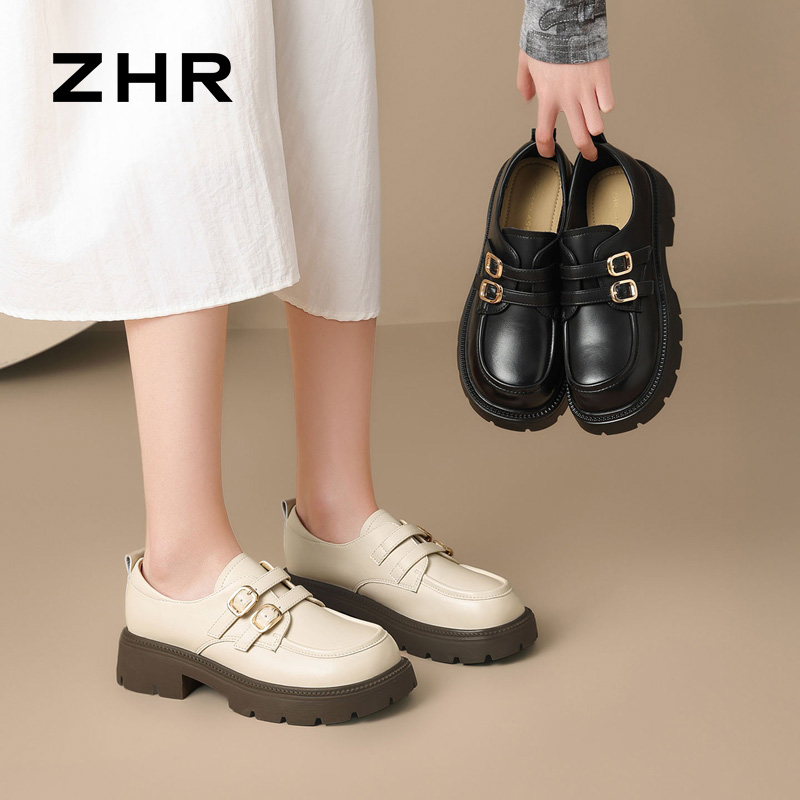 13747411.【ZHR则则】深口单鞋圆头双搭扣套脚厚底女鞋[PU]
