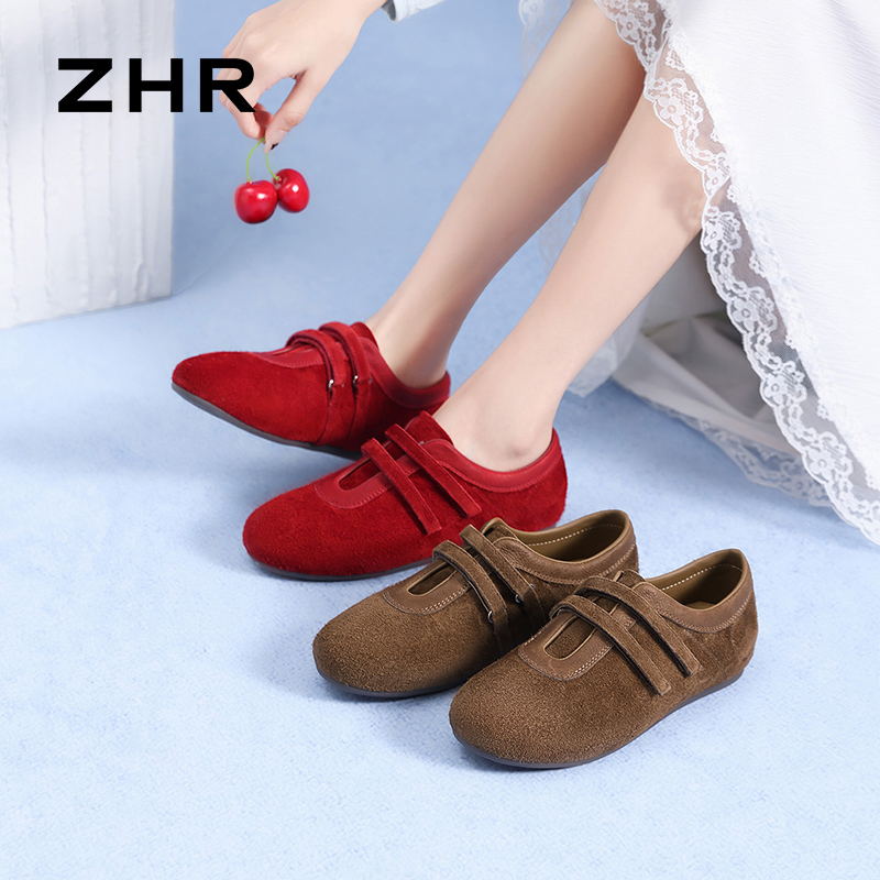13122605.【ZHR则则】德训鞋圆头魔术贴平底女鞋[头层牛皮]