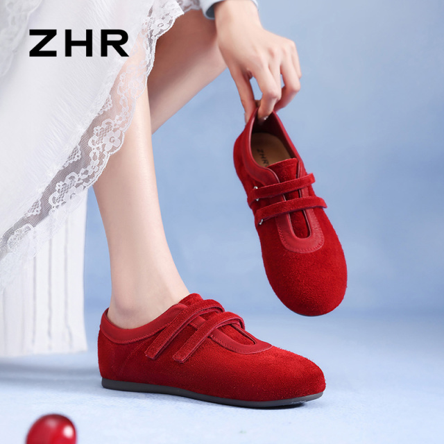 13122605.【ZHR则则】德训鞋圆头魔术贴平底女鞋[头层牛皮]