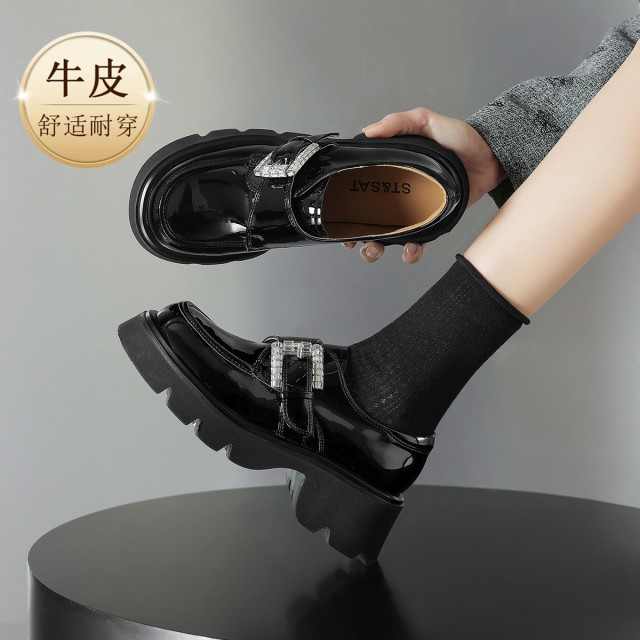 13143764.【牛皮革】厚底乐福鞋女真皮水钻高级感小个子增高粗跟舒适小皮鞋