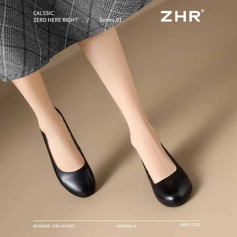 13130207.【ZHR则则】妈妈单鞋圆头套脚粗跟女鞋[头层牛皮]