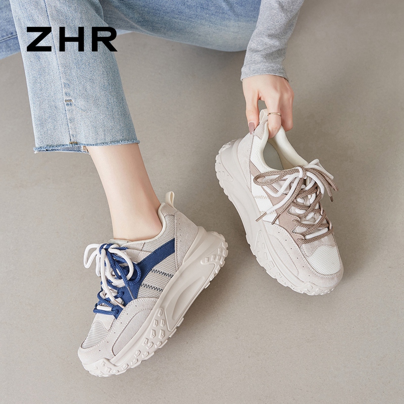 13130240.【ZHR则则】阿甘鞋圆头系带厚底女鞋[网布+牛剖层绒面革]