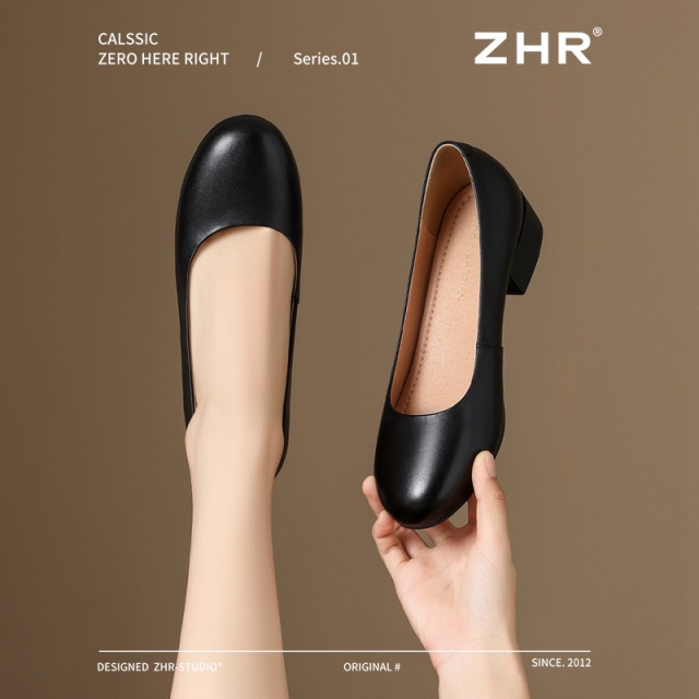 13130207.【ZHR则则】妈妈单鞋圆头套脚粗跟女鞋[头层牛皮]