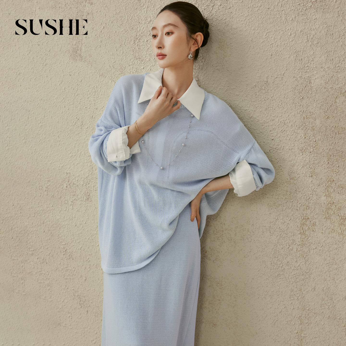 13127482.束皙SUSHE 静栖 松弛优雅 莱赛尔卷边半身裙/毛衣休闲针织套装女