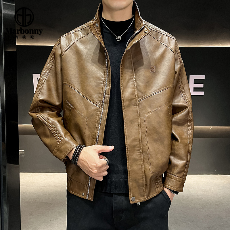 13127709.26年春季新款中年男士立领复古皮衣夹克外套