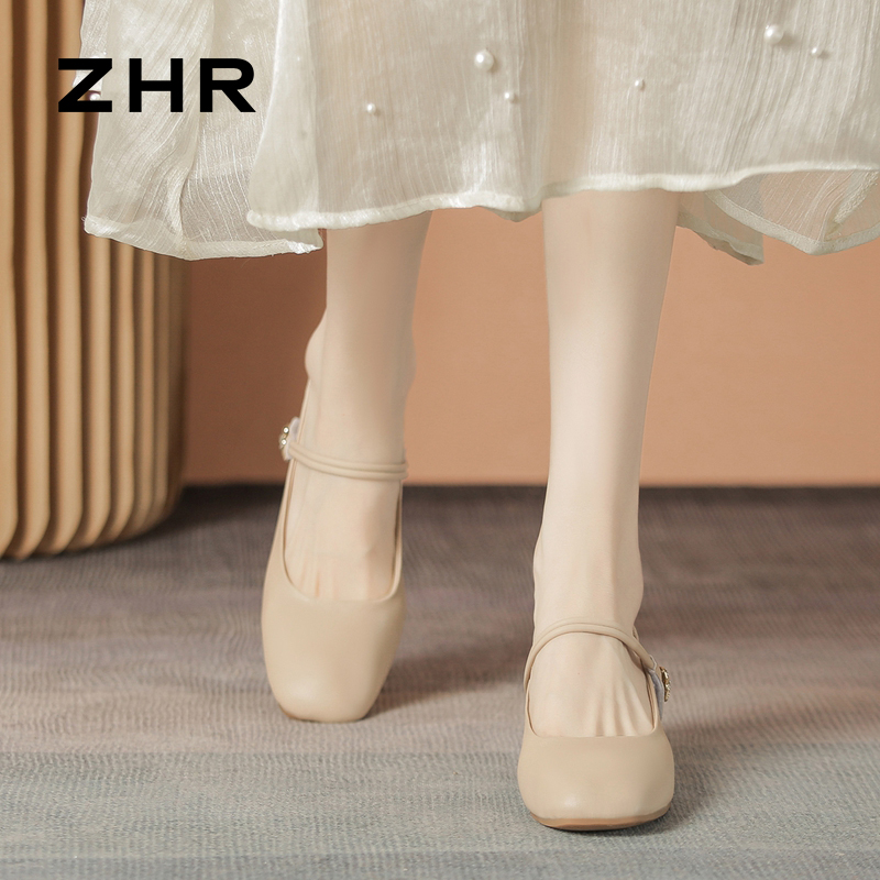 13130241.【ZHR则则】玛丽珍鞋方头魔术贴粗跟女鞋[牛剖层移膜革]