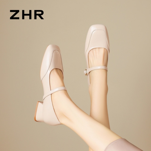 13130227.【ZHR则则】玛丽珍鞋方头魔术贴粗跟女鞋[PU]