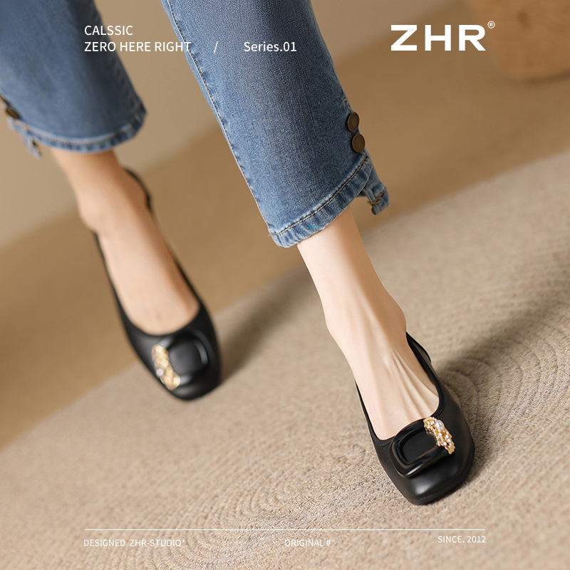 13130201.【ZHR则则】浅口方头套脚粗跟女鞋[牛剖层移膜革]