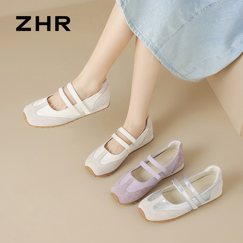 13535530.【ZHR则则】运动玛丽珍鞋圆头魔术贴平底女鞋[猪巴戈+PU]