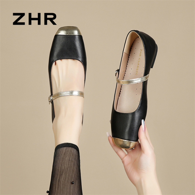 13130226.【ZHR则则】玛丽珍鞋方头搭扣平底女鞋[牛剖层移膜革]