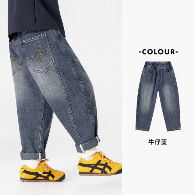 13311098.男童牛仔裤春秋款潮范休闲儿童宽松哈伦裤中大童软糯透气帅气长裤