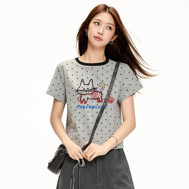 13713973.CHOCOOLATE猫咪印花波点短袖t恤夏季甜美减龄体恤上衣