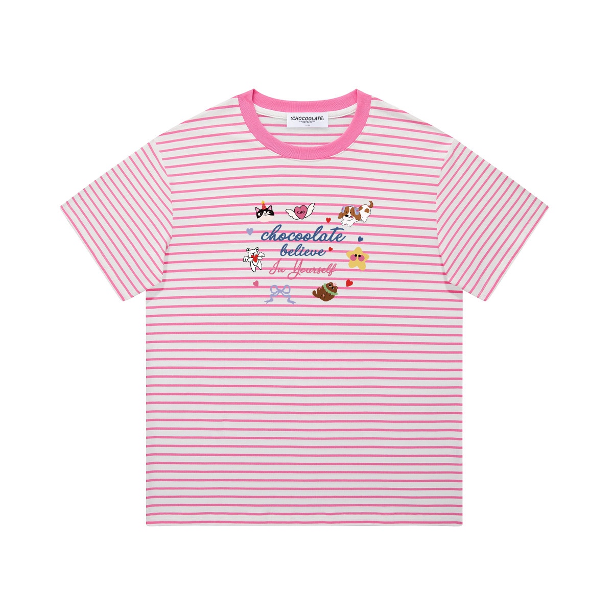 13714024.CHOCOOLATE夏季条纹印花圆领短袖t恤小清新宽松女上衣
