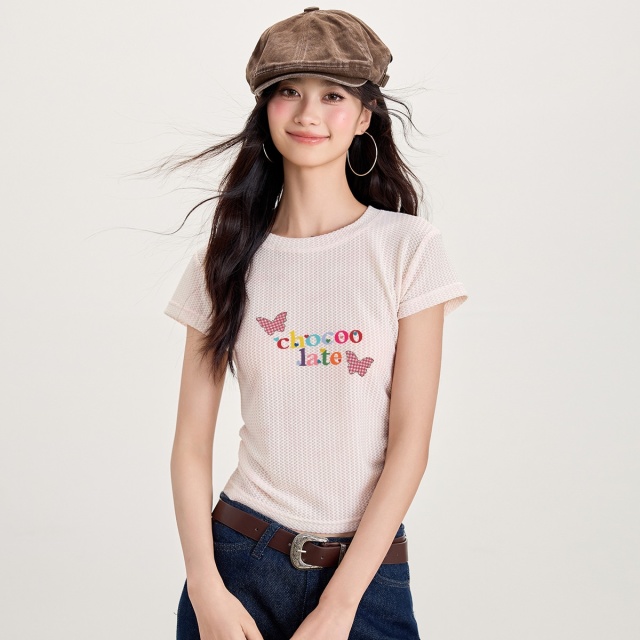 13714010.CHOCOOLATE轻薄舒适短袖女小个子上衣夏季印花T恤微透