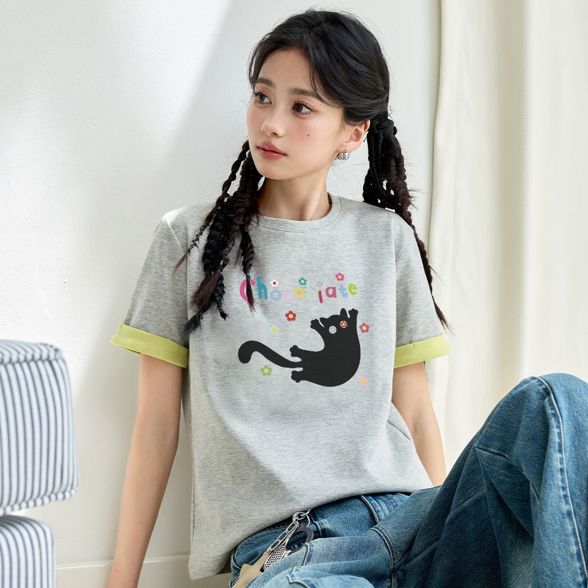 13713945.CHOCOOLATE少女减龄猫咪印花短袖t恤夏季学院风体恤衫