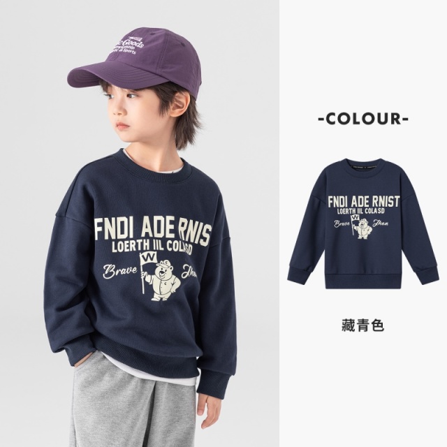 13311615.男童拜年服2026春秋款英文小熊印花圆领卫衣儿童运动休闲百搭上衣