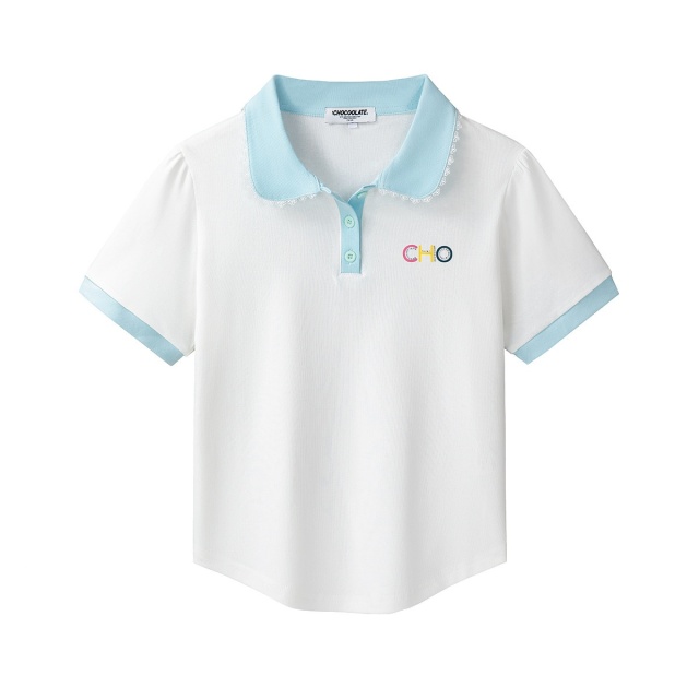 13713937.CHOCOOLATE蕾丝花边撞色翻领polo衫夏季短袖t袖女