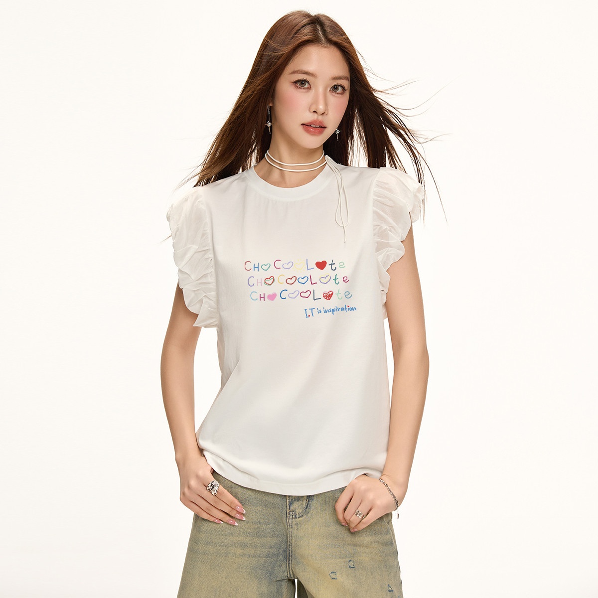 13713986.CHOCOOLATE字母印花小飞袖夏季圆领t恤甜美减龄女上衣