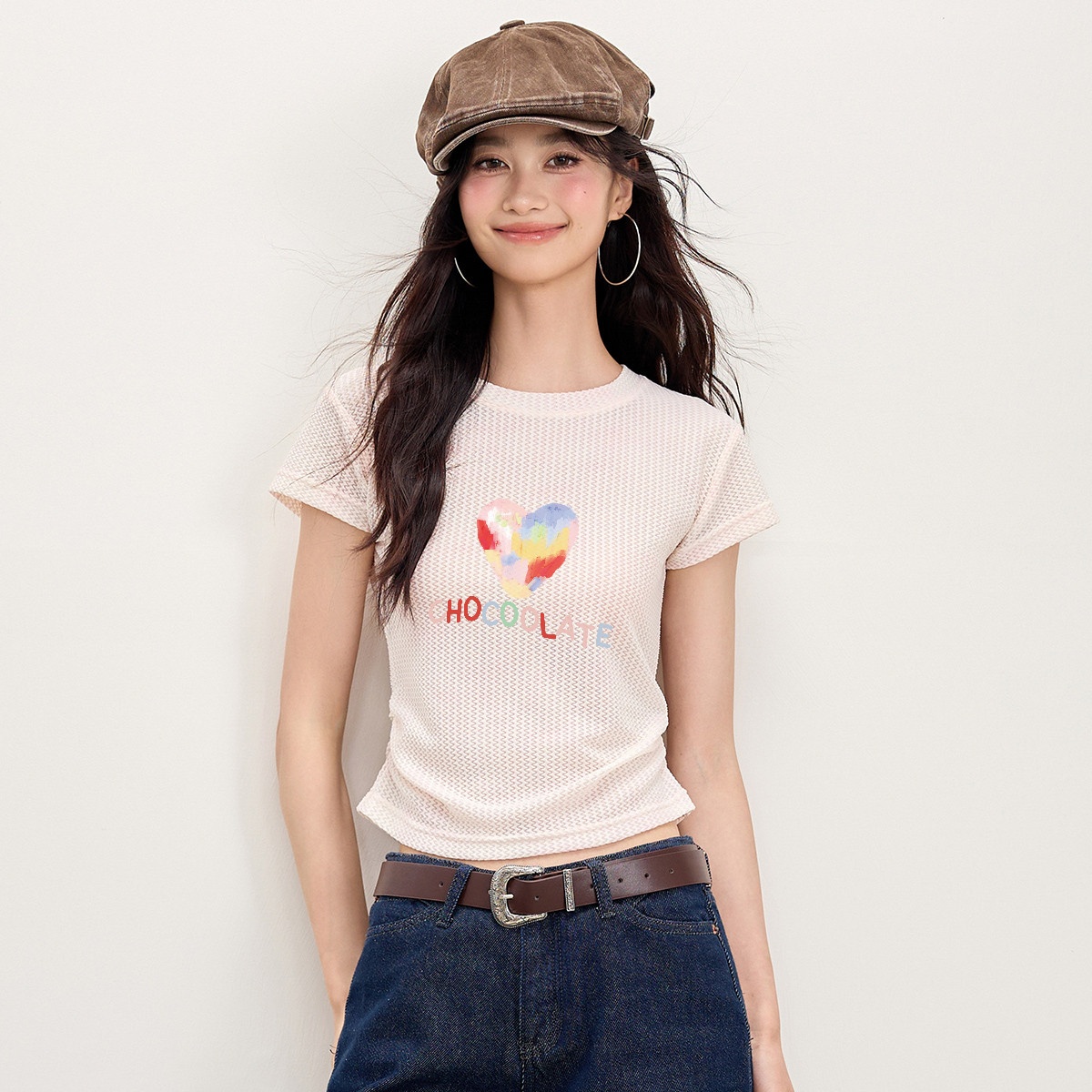 13714005.CHOCOOLATE夏季薄款设计感短袖T恤女士修身小个子上衣