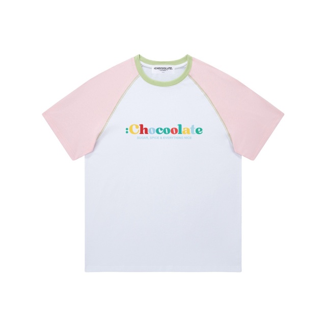 13714009.CHOCOOLATE夏季插肩撞色圆领短袖t恤学院风减龄女上衣