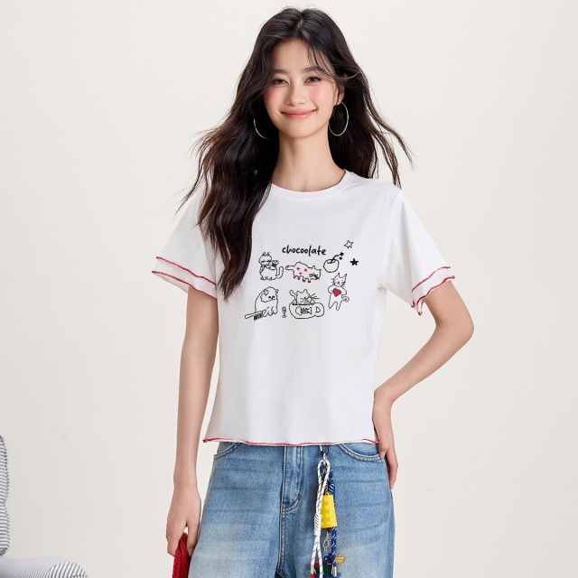 13713966.CHOCOOLATE手绘卡通印花短袖t恤夏季甜美可爱女式上衣