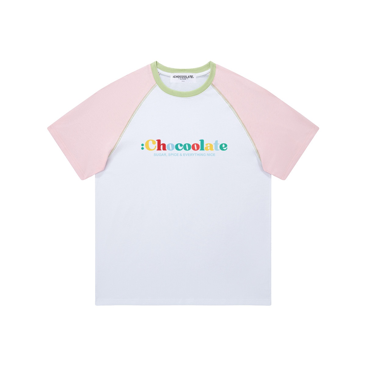 13714009.CHOCOOLATE夏季插肩撞色圆领短袖t恤学院风减龄女上衣