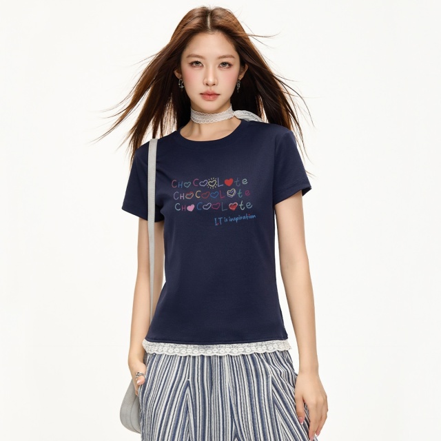 13713968.CHOCOOLATE字母印花夏季短袖t恤蕾丝花边别致半袖体恤