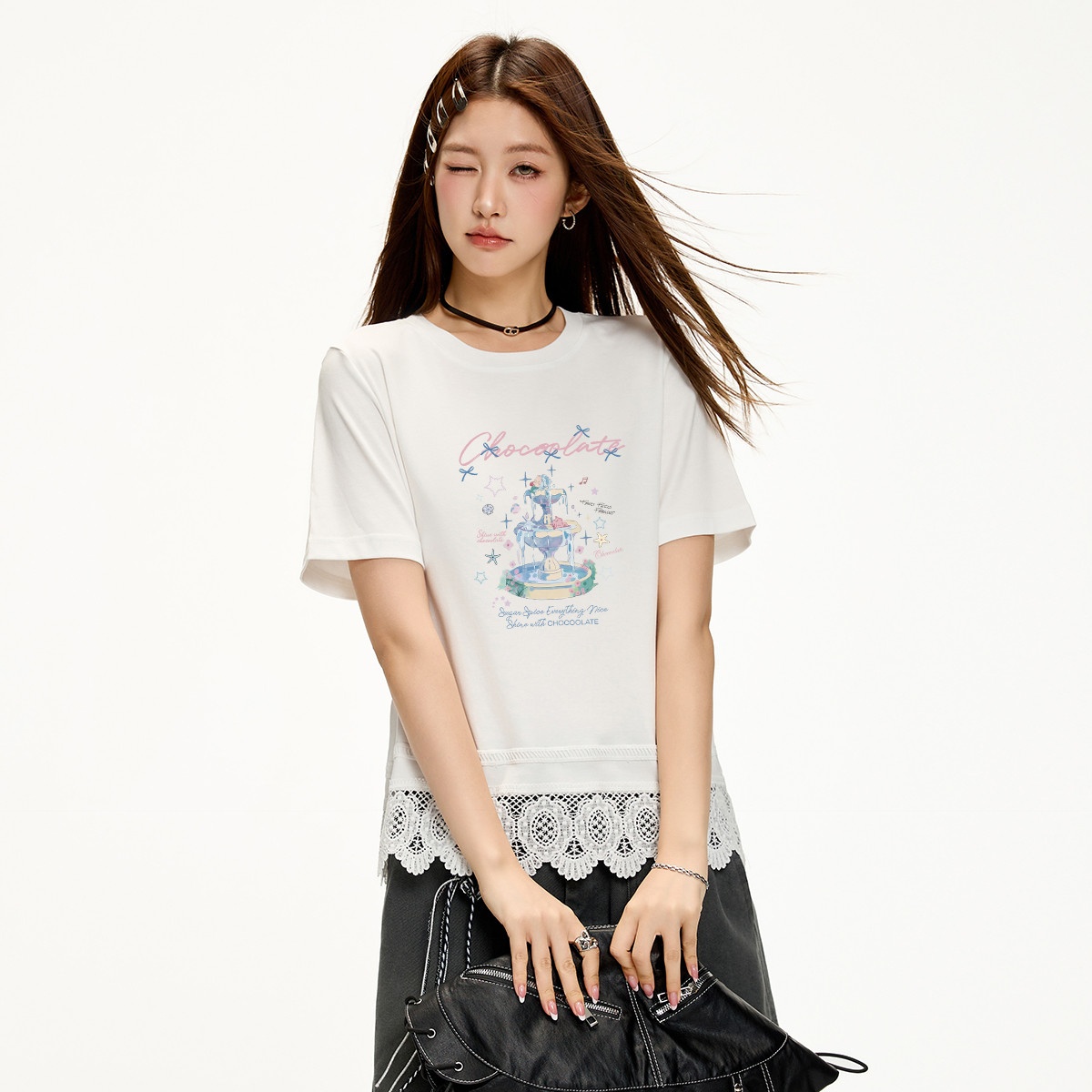 13713934.CHOCOOLATE小众设计花边下摆短袖t恤夏季休闲印花上衣