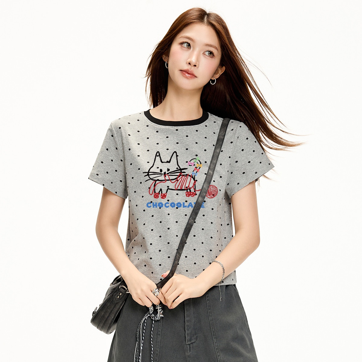 13713973.CHOCOOLATE猫咪印花波点短袖t恤夏季甜美减龄体恤上衣