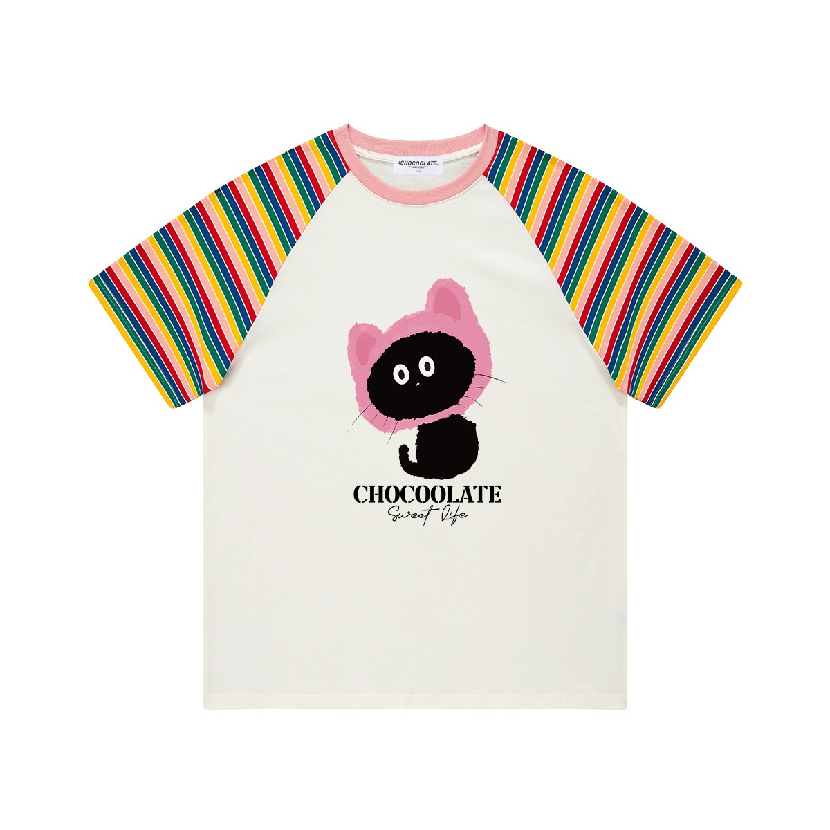 13714019.CHOCOOLATE条纹撞色插肩袖女式短袖t恤夏季印花女上衣