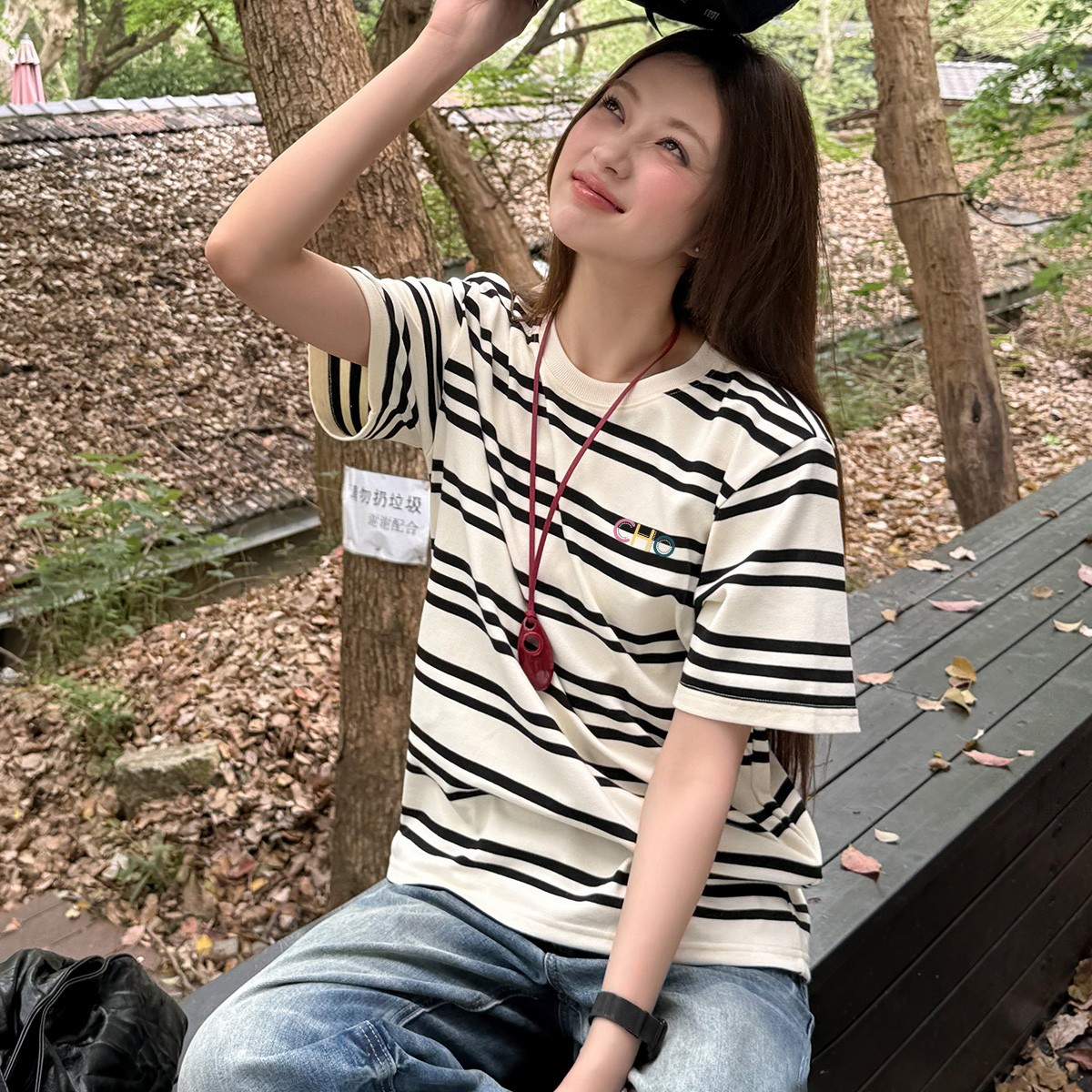 13713912.CHOCOOLATE条纹撞色宽松短袖t恤夏季学院风半袖体恤衫