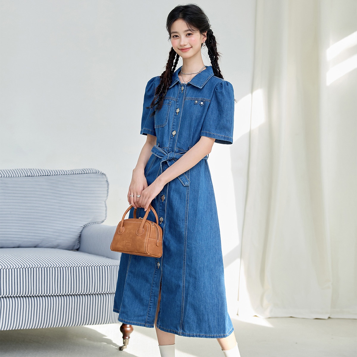 13713774.ccaabb夏季复古牛仔连衣裙甜美风A字裙高级感气质中长裙女