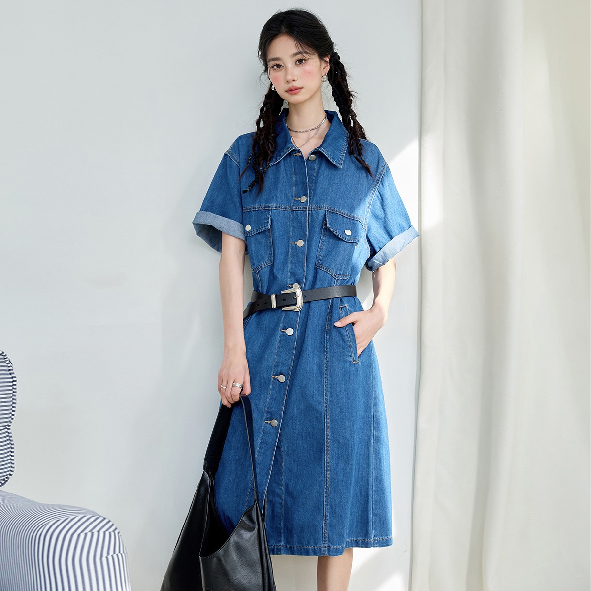 13713787.ccaabb【不含腰带】复古水洗牛仔连衣裙夏季中长款衬衫裙女