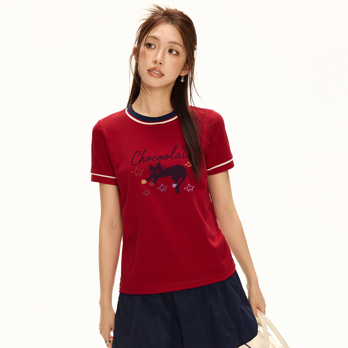 13713857.CHOCOOLATE撞色印花短袖t恤女夏季学院风少女百搭上衣