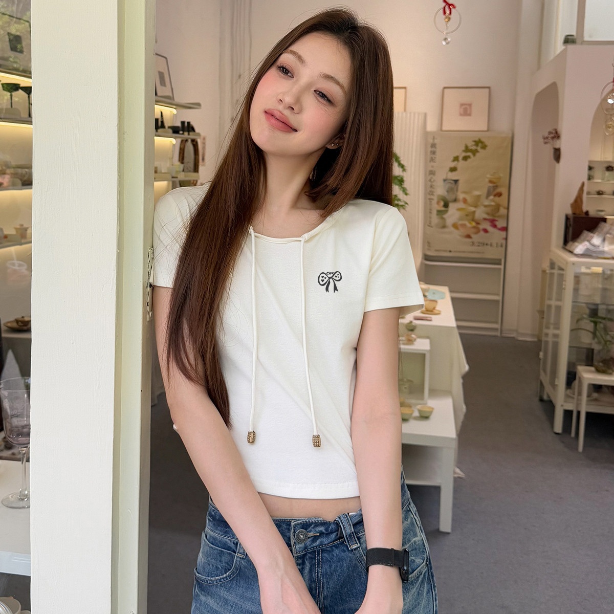 13713895.CHOCOOLATE夏季设计感短款上衣绑带短袖t恤女简约百搭