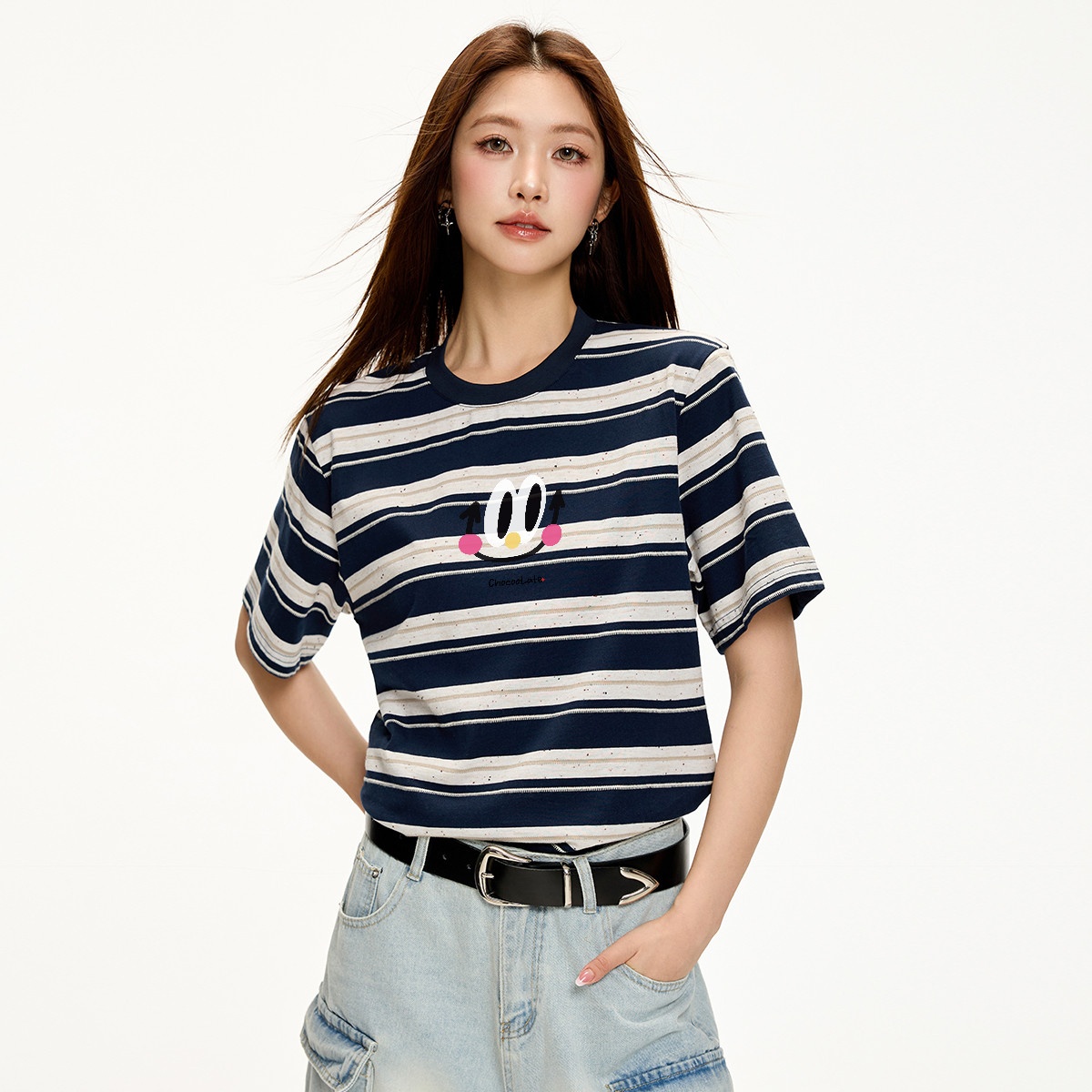 13713884.CHOCOOLATE条纹撞色笑脸印花夏季短袖t恤休闲宽松上衣