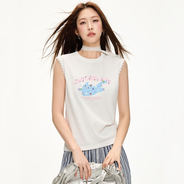 13713896.CHOCOOLATE小众设计别致无袖t恤夏季猫咪印花背心上衣