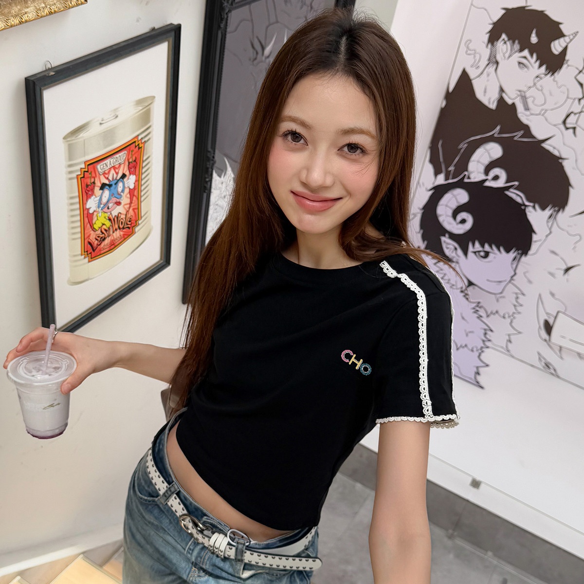 13713891.CHOCOOLATE甜美少女花边装饰短袖t恤夏季修身短款上衣