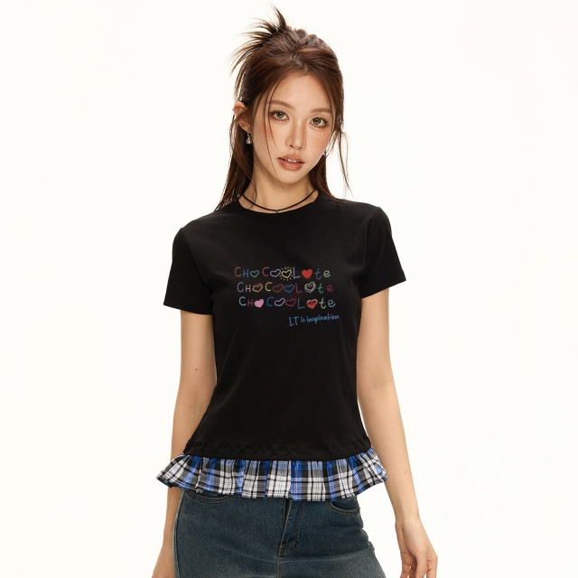 13713835.CHOCOOLATE格子拼接假两件短袖t恤夏季甜美风半袖上衣