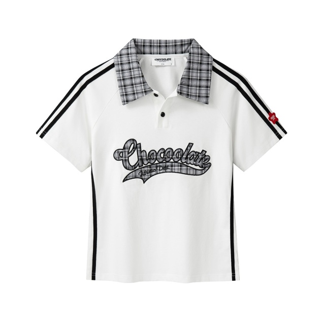 13713906.CHOCOOLATE格子拼接刺绣设计polo衫夏季短袖t恤女