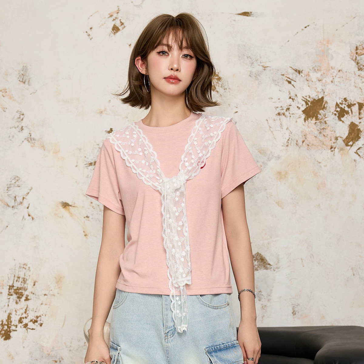 13713909.CHOCOOLATE蕾丝披肩短袖t恤夏季甜美减龄设计感女上衣