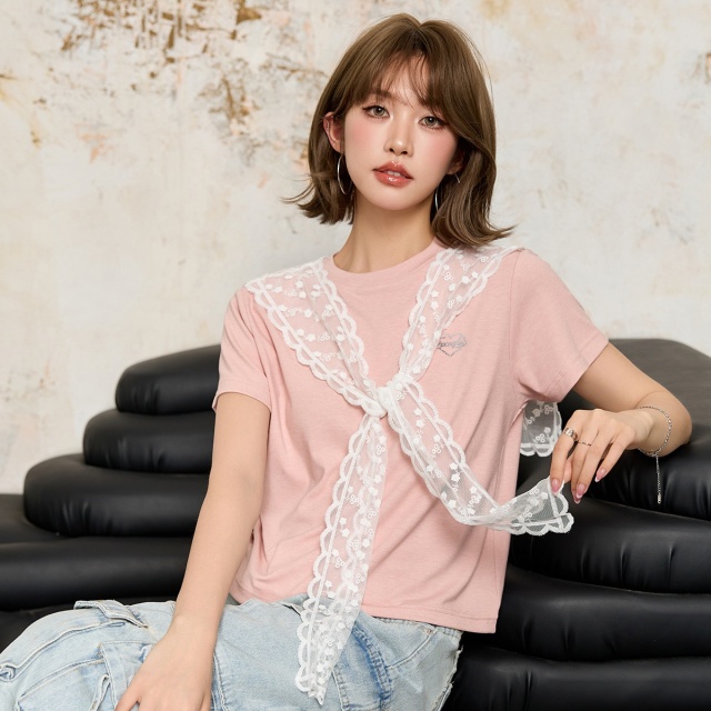 13713921.CHOCOOLATE两件套蕾丝披肩短袖t恤夏季甜美别致女上衣